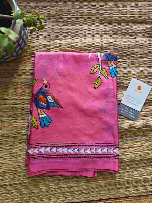 pink kantha stitch silk stole - Desi Weaves