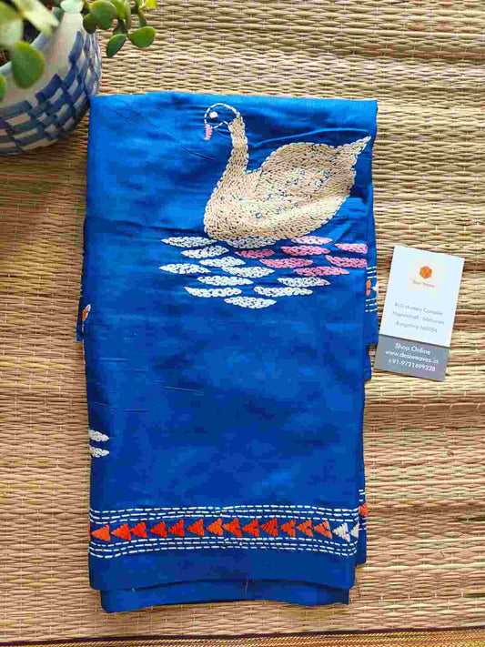 blue kantha stitch silk stole - Desi Weaves