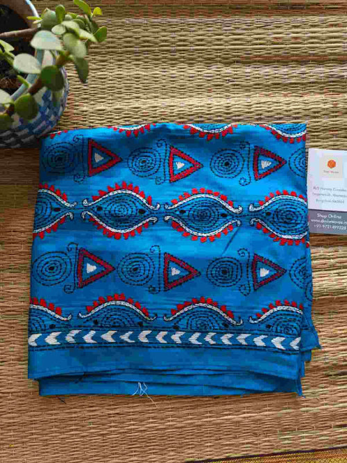 blue kantha stitch silk stole - Desi Weaves