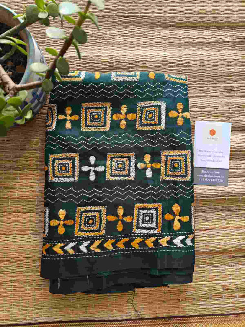 green kantha stitch silk stole - Desi Weaves