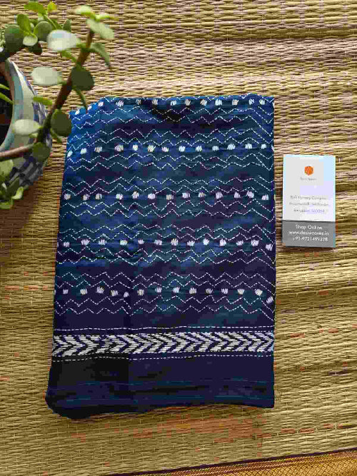 navy kantha stitch silk stole - Desi Weaves