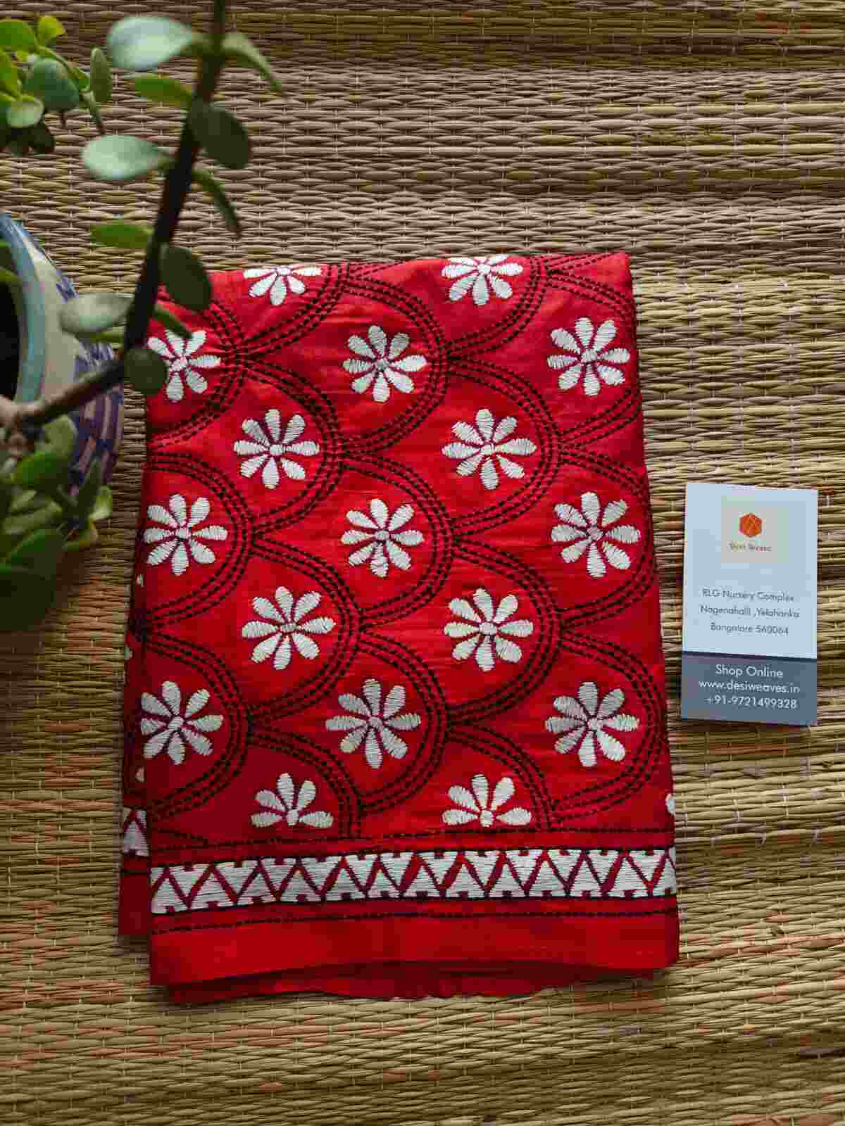 red kantha stitch silk stole - Desi Weaves