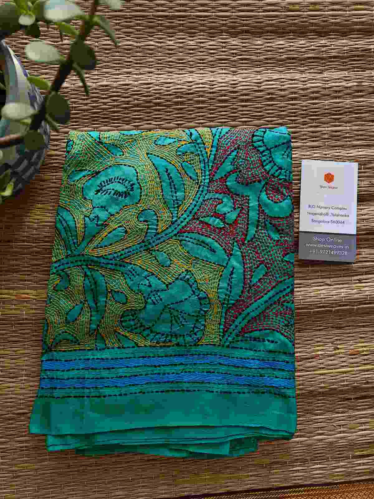 sea green kantha stitch silk stole - Desi Weaves