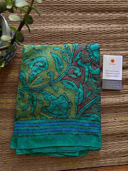 sea green kantha stitch silk stole - Desi Weaves