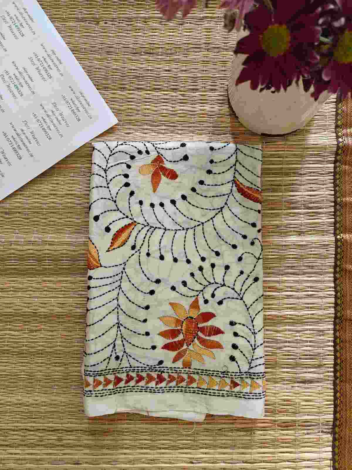 kantha stitch silk stole - Desi Weaves