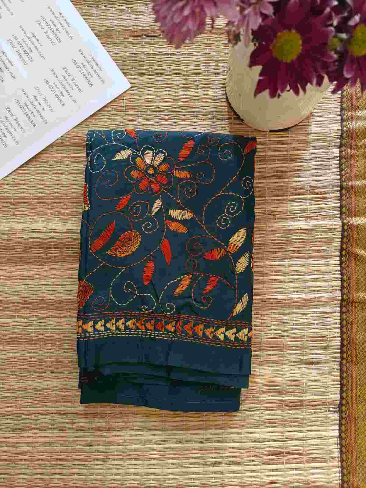 kantha stitch silk stole - Desi Weaves