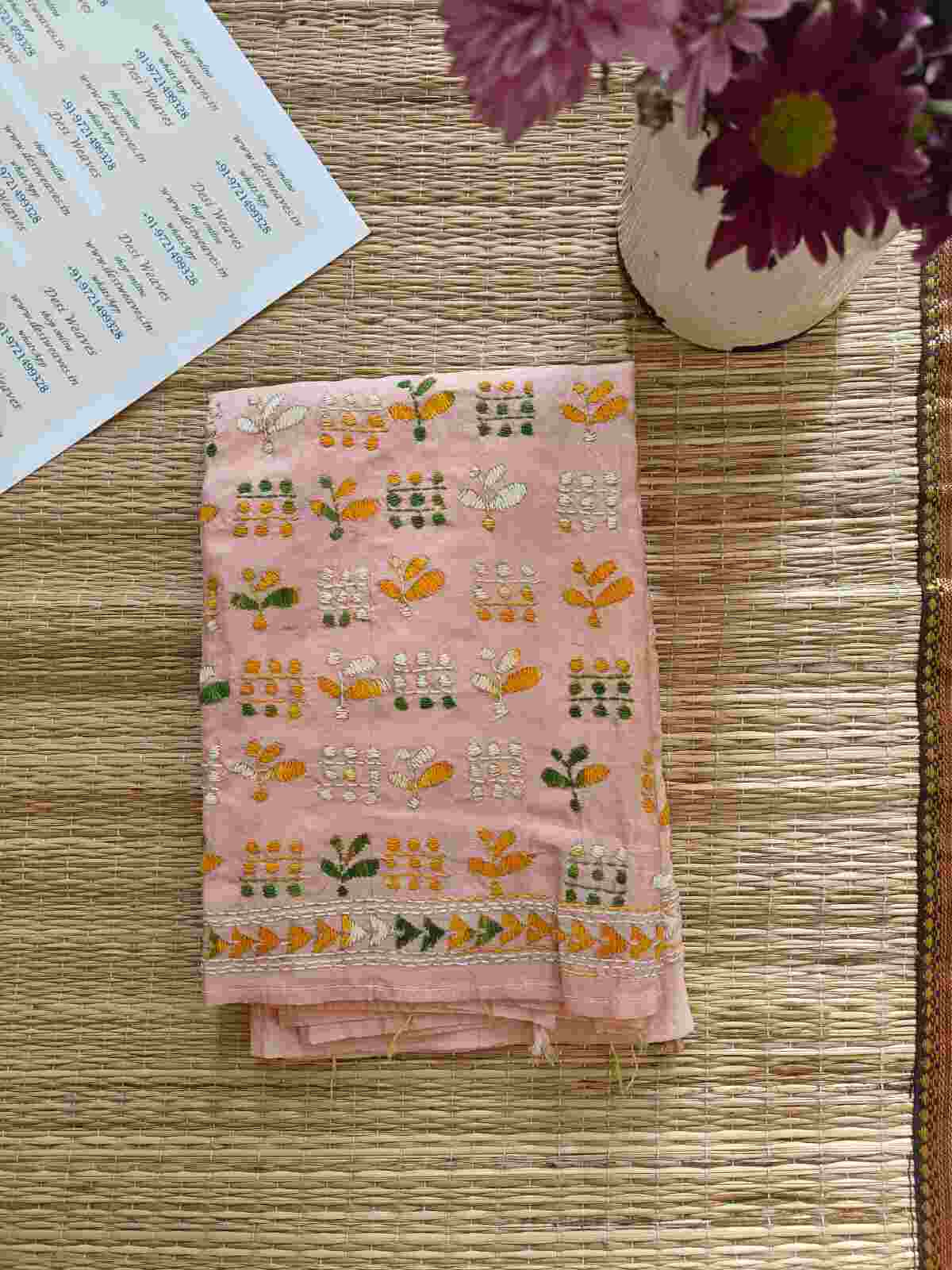 kantha stitch silk stole - Desi Weaves