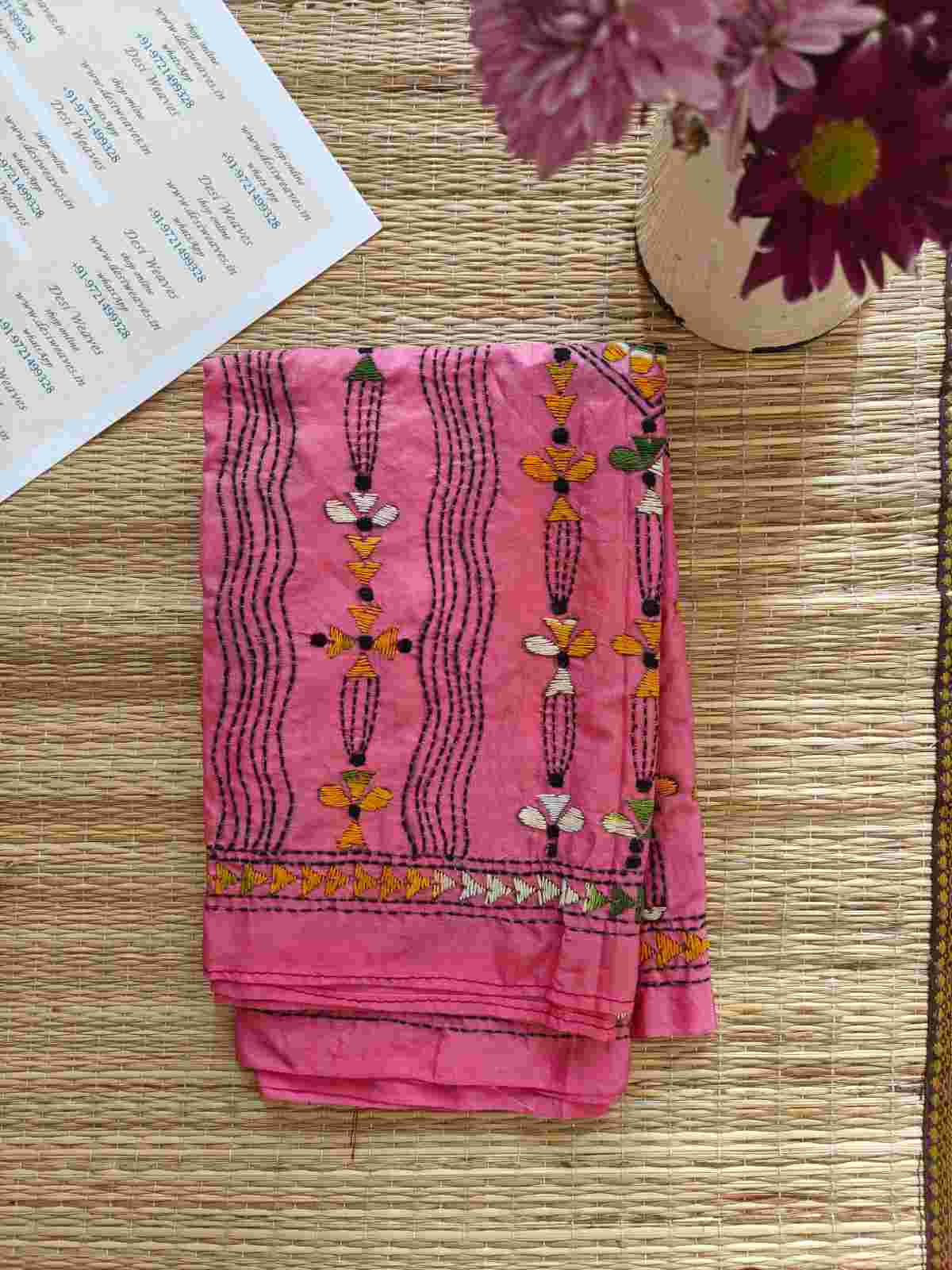 kantha stitch silk stole - Desi Weaves