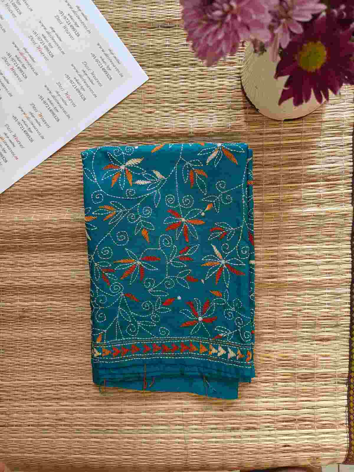 kantha stitch silk stole - Desi Weaves