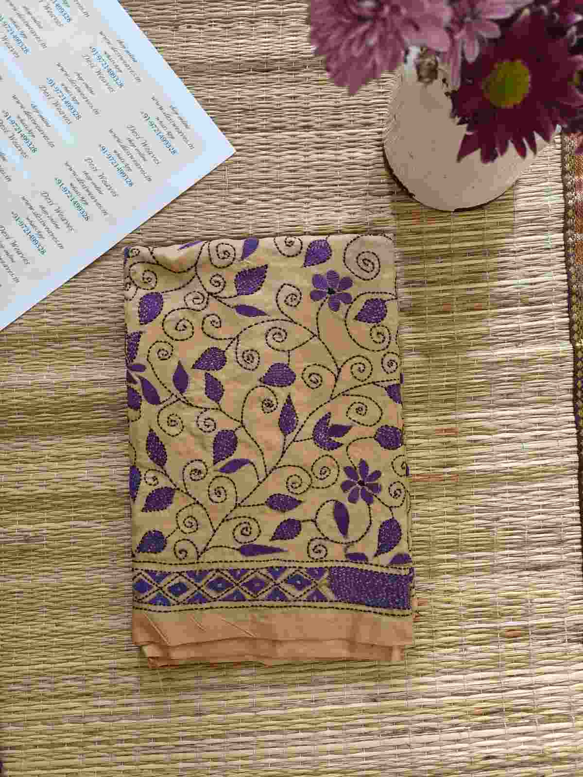 kantha stitch silk stole - Desi Weaves