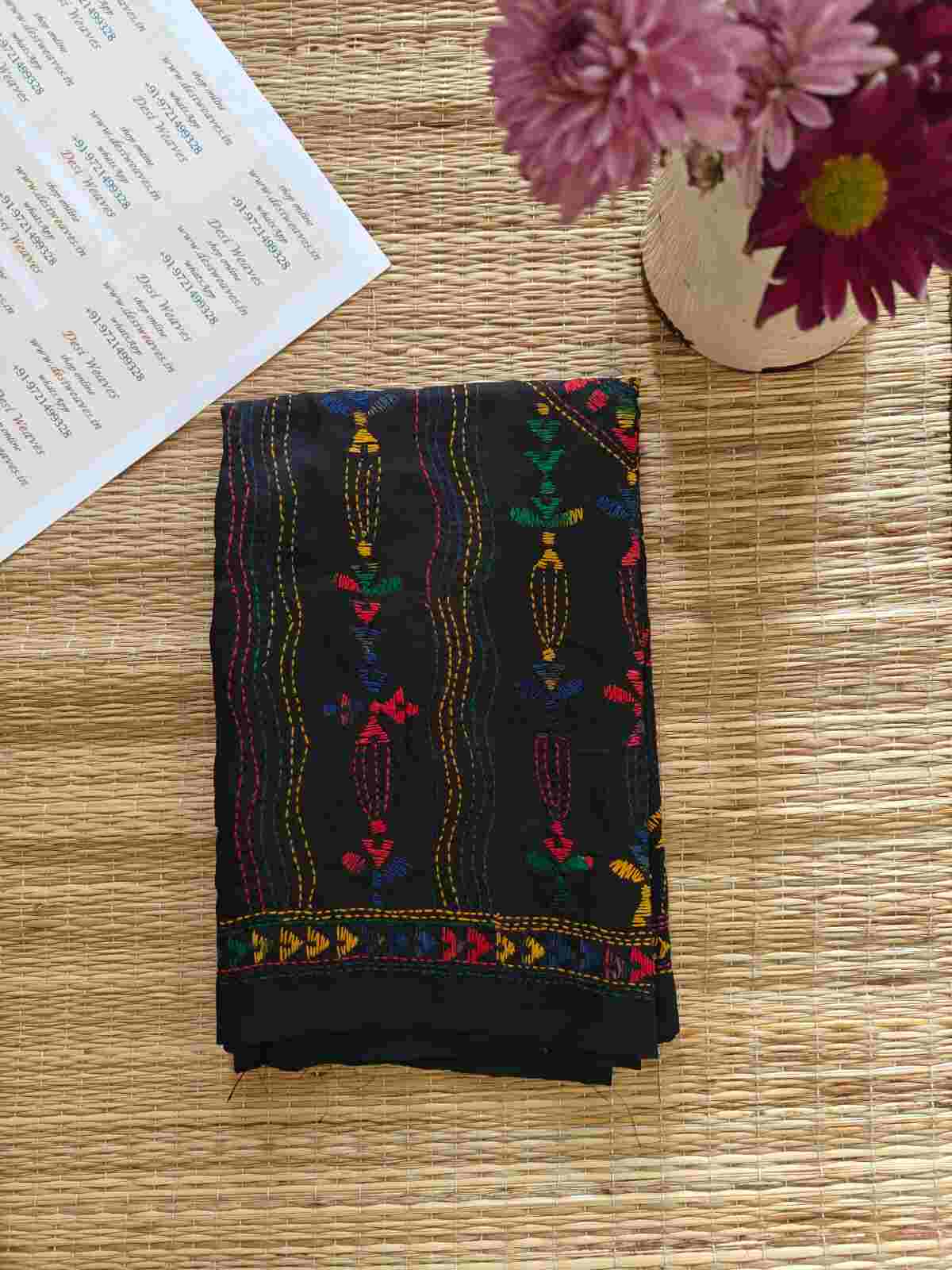 kantha stitch silk stole - Desi Weaves