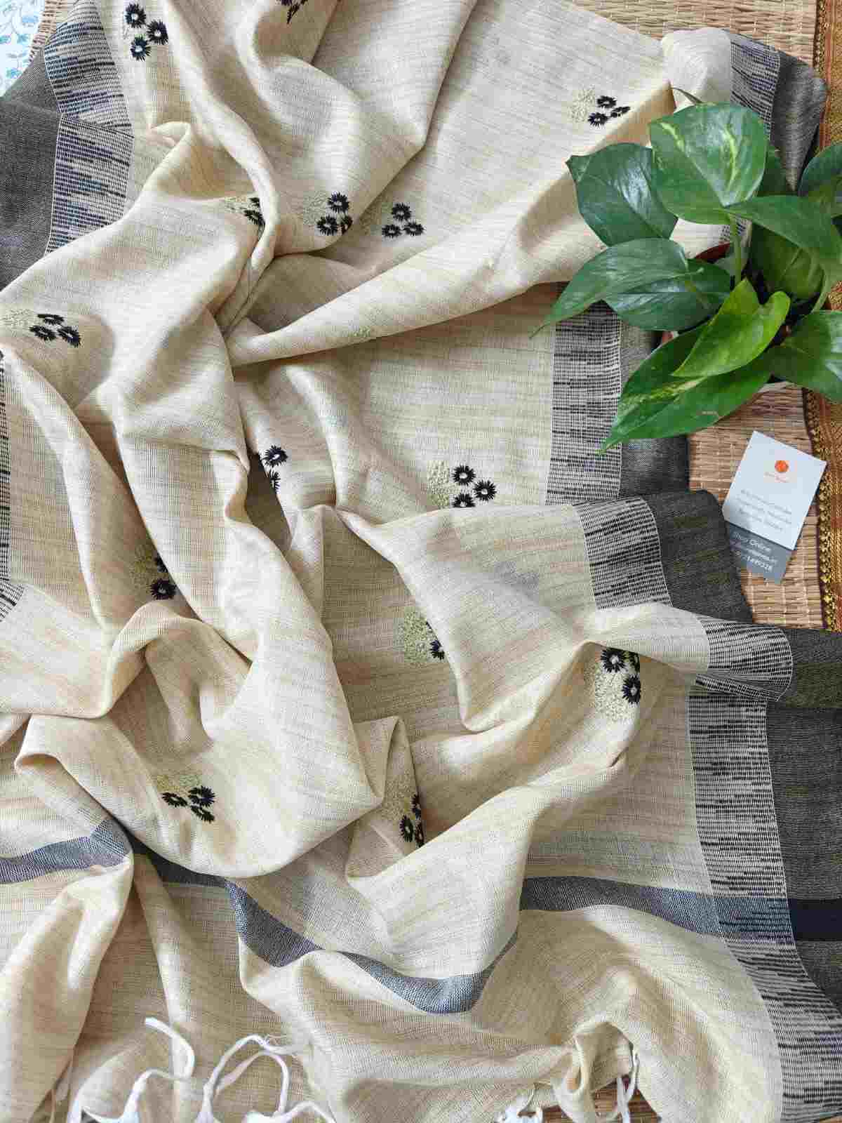 Charcoal Color Embroidered Khadi Silk Cotton Dupatta