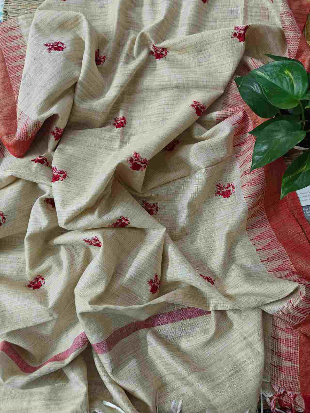 Red Embroidered Khadi Silk Cotton Dupatta