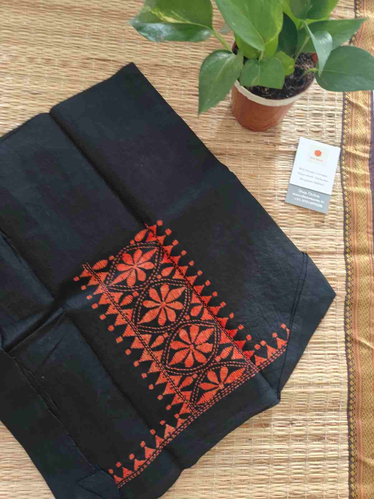 Black & Red Hand Embroidered Cotton Kantha Stitch Blouse
