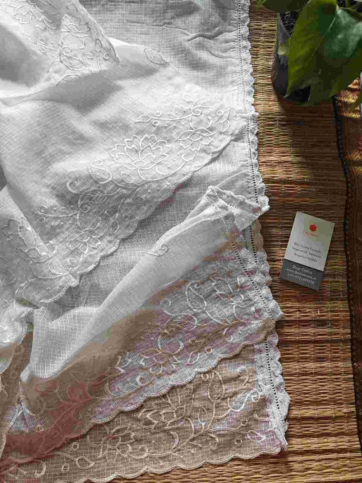 Embroidered White Kota Cotton Dupatta- desi weaves