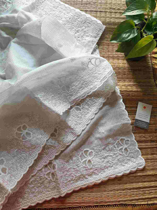 Embroidered White Kota Cotton Dupatta- desi weaves