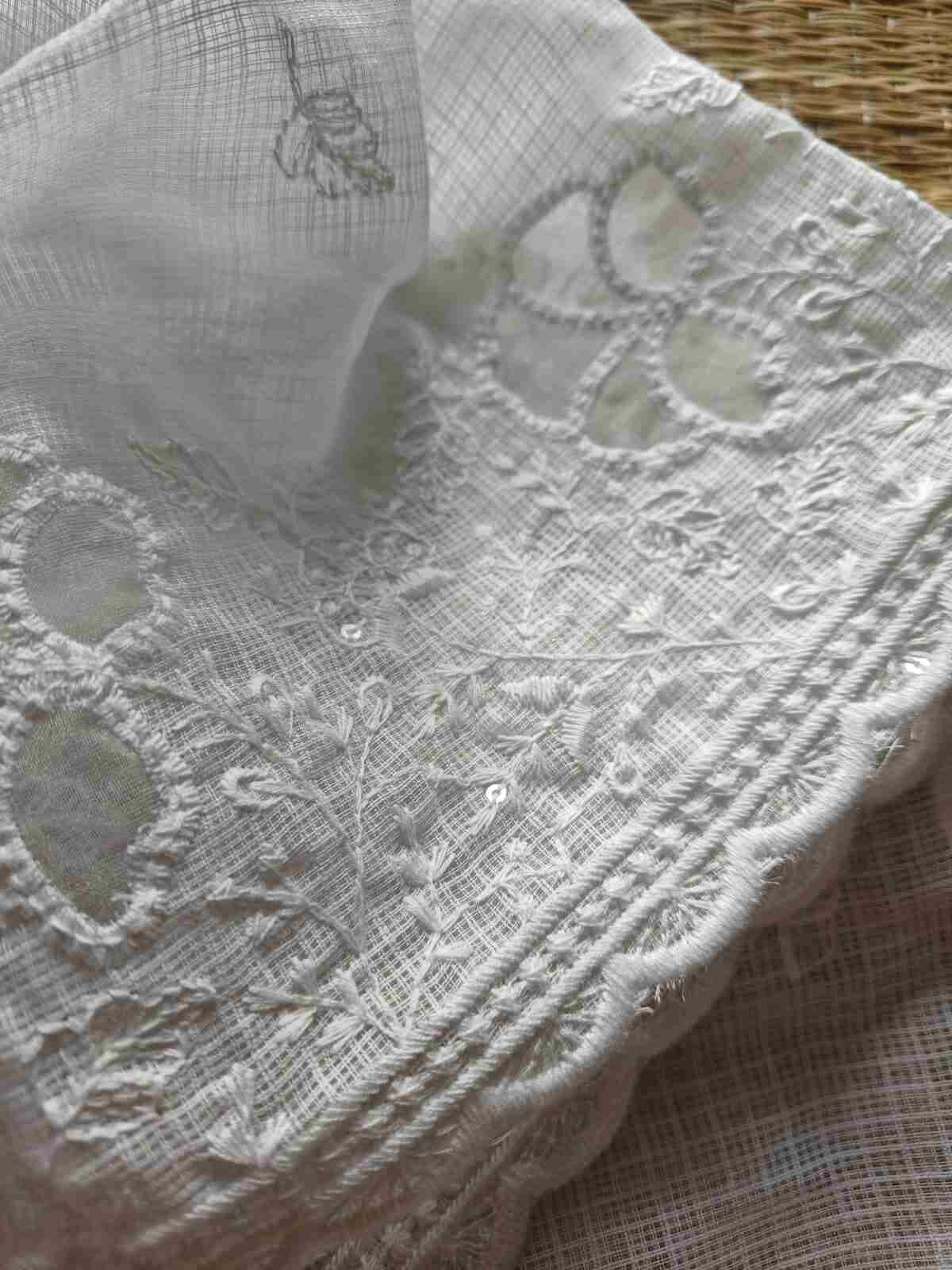 Embroidered White Kota Cotton Dupatta- desi weaves