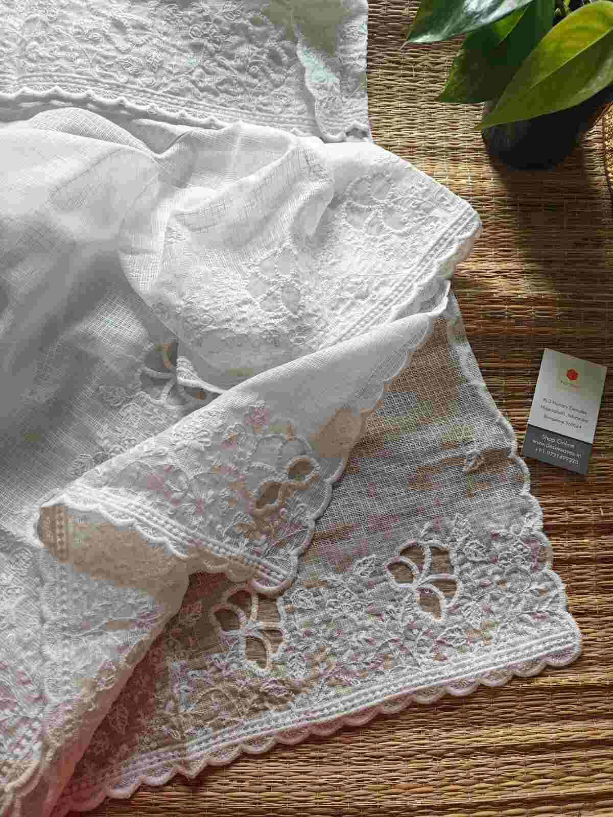 Embroidered White Kota Cotton Dupatta- desi weaves