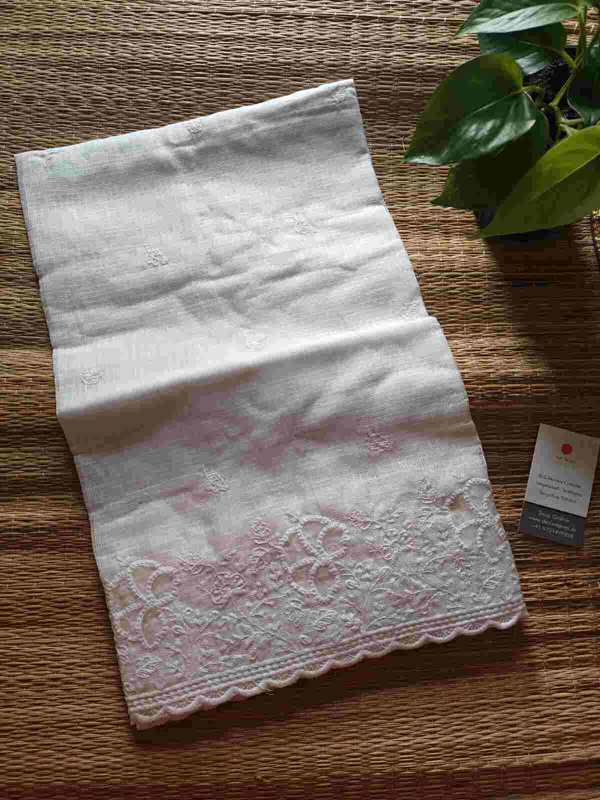 Embroidered White Kota Cotton Dupatta- desi weaves