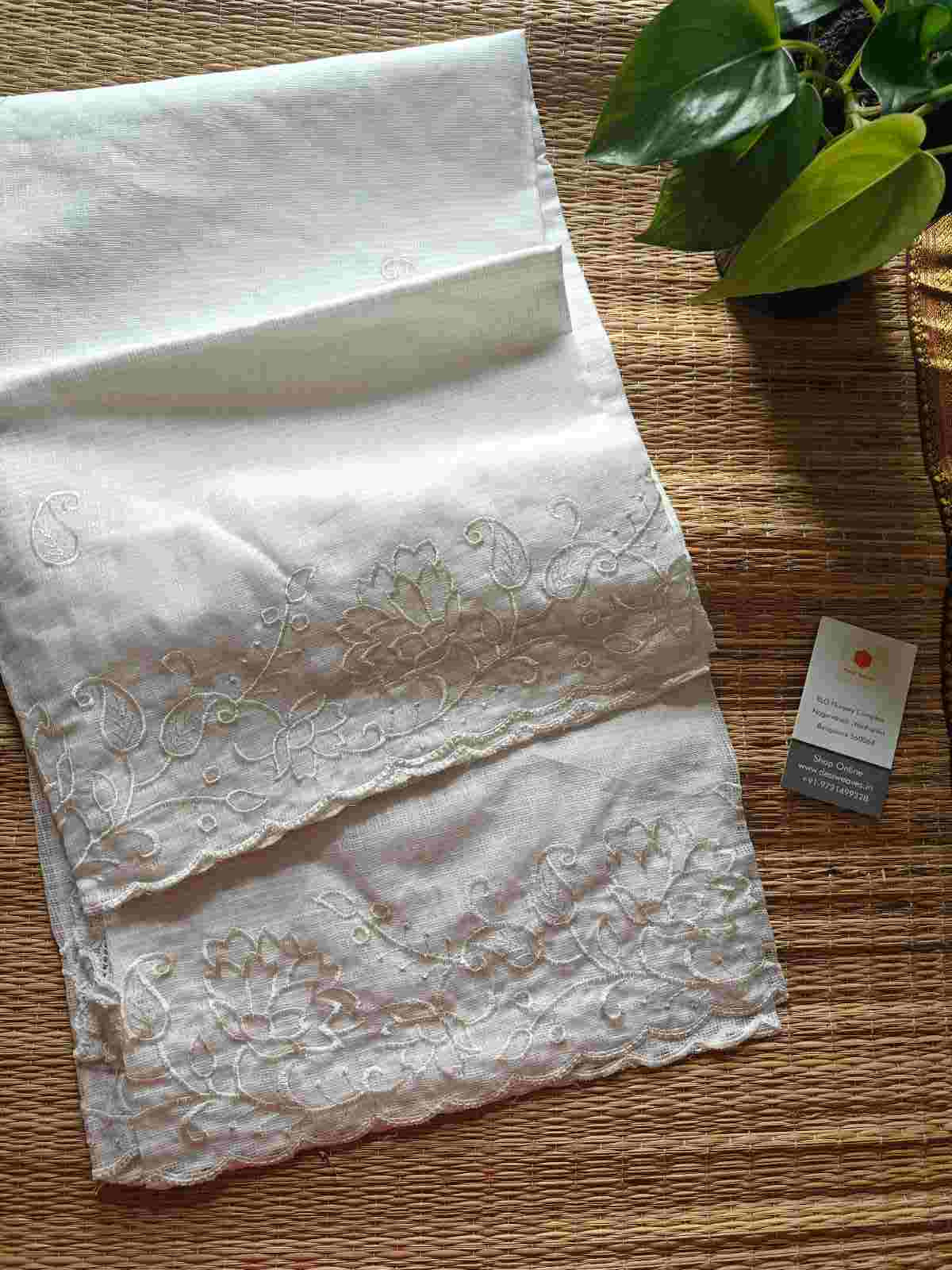 Embroidered White Kota Cotton Dupatta
