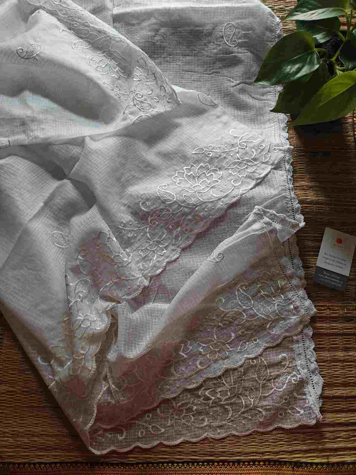 Embroidered White Kota Cotton Dupatta- desi weaves