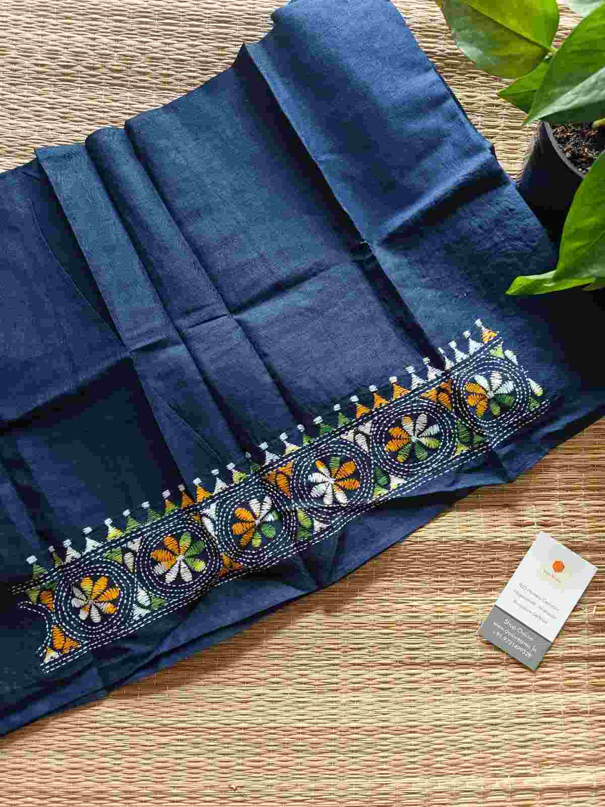 Navy Kantha stitch cotton blouse - Desi Weaves
