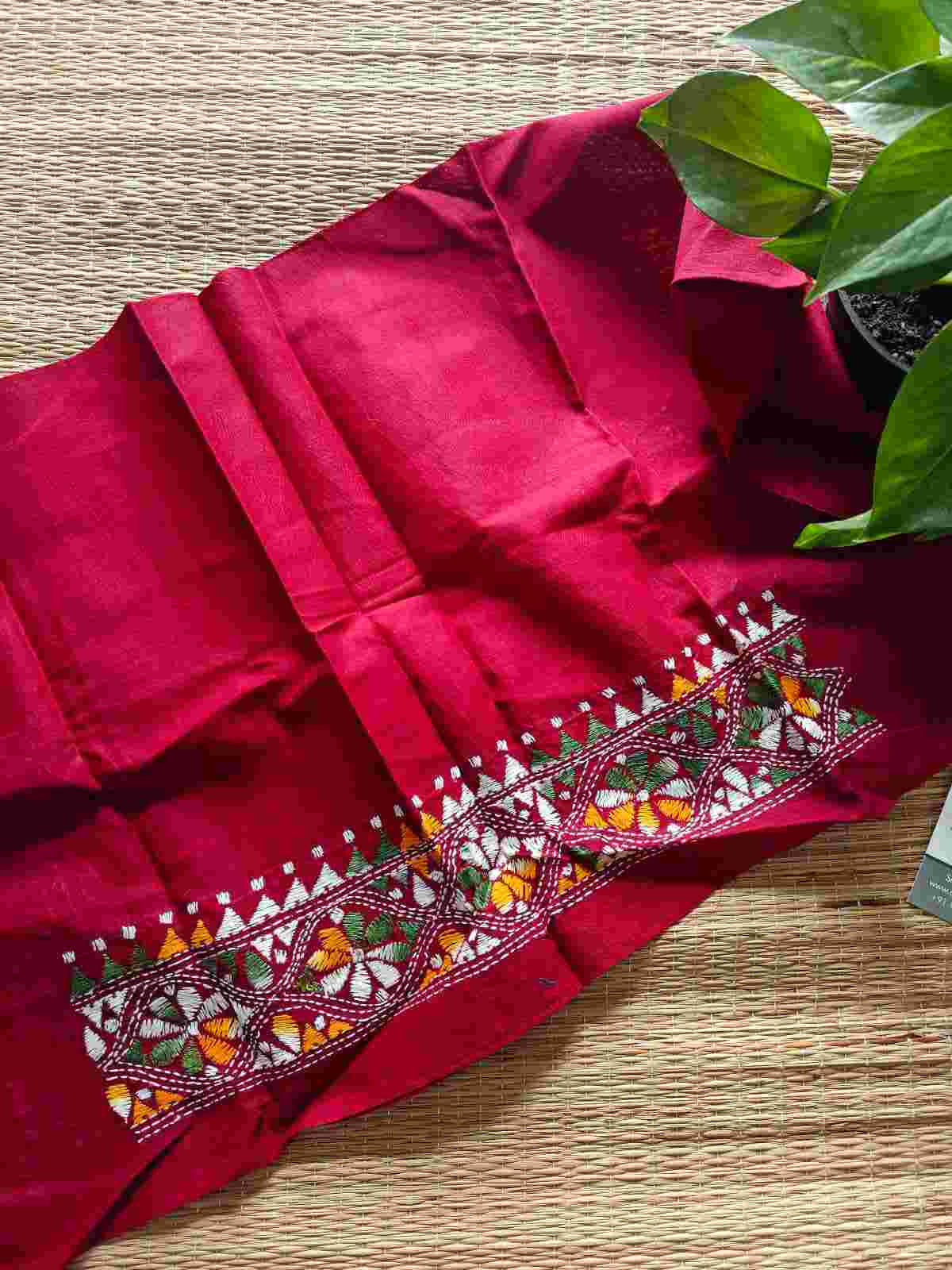Red Kantha stitch cotton blouse - Desi Weaves