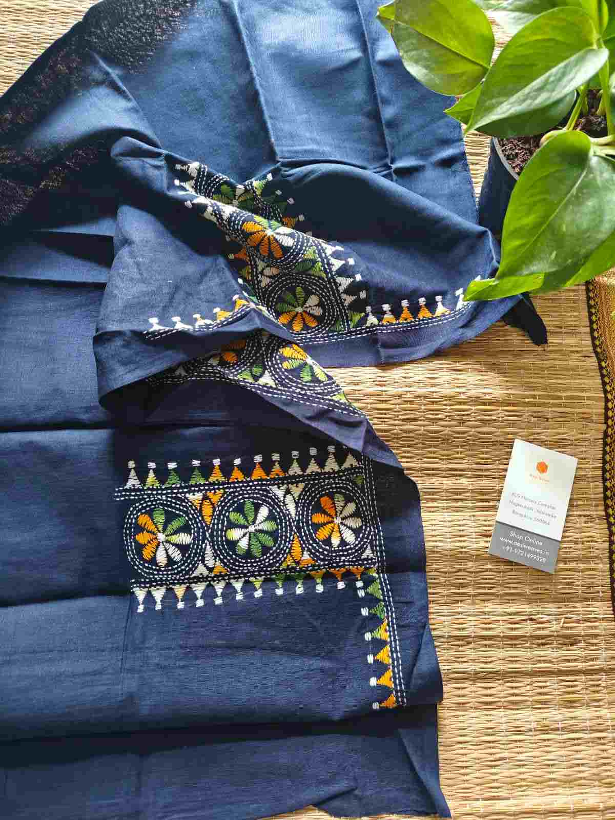 Blue Kantha stitch cotton blouse - Desi Weaves
