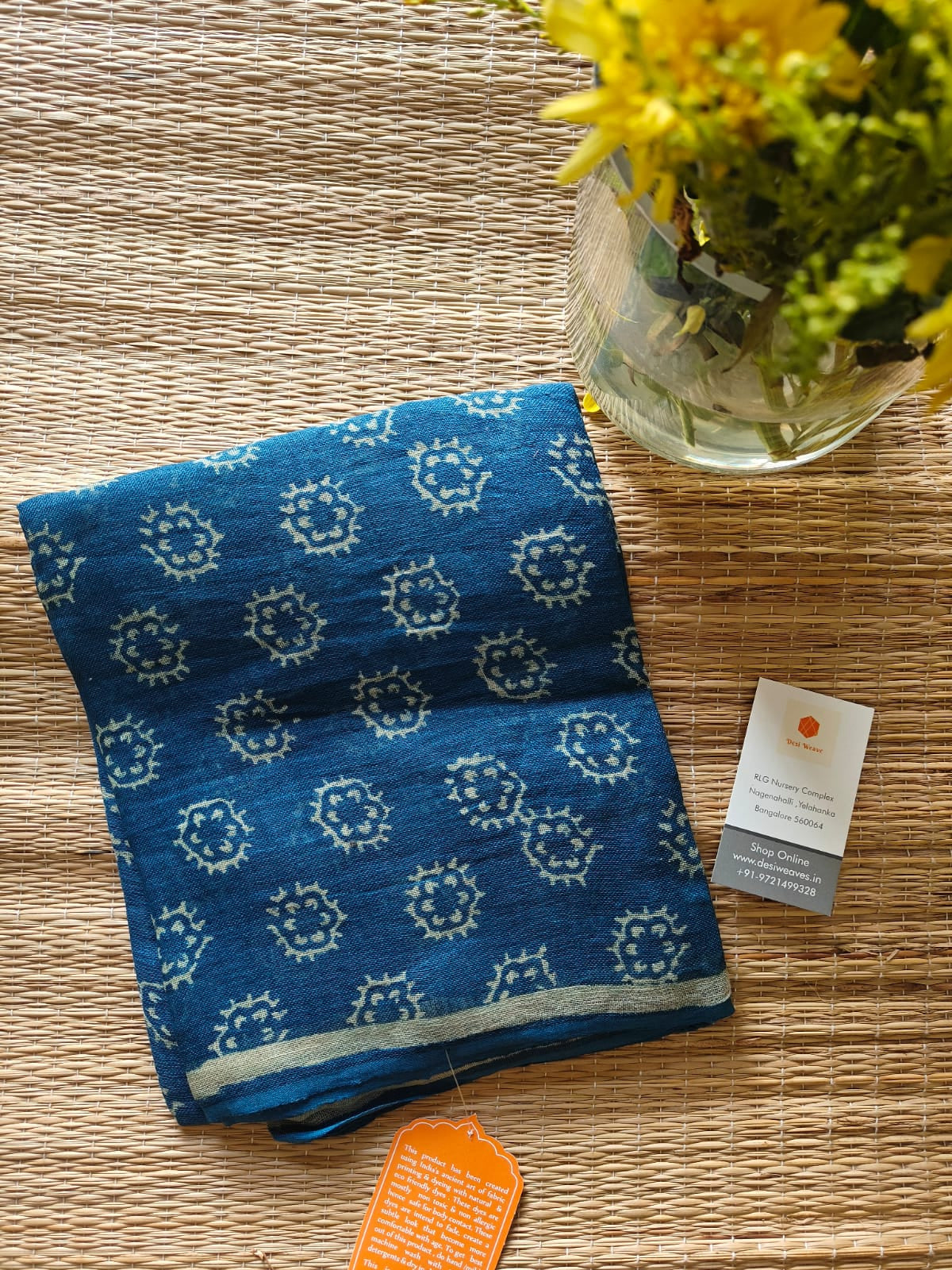 Indigo hand block print linen dupatta - Desi Weaves