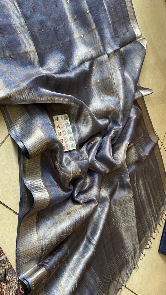 Blue Sequin Work Pure Tussar Tissue Silk Saree