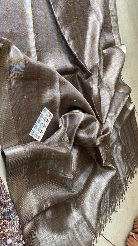 Grey Sequin Work Pure Tussar Tissue Silk Saree