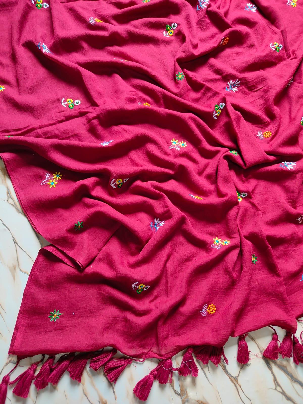 Red Mull Cotton Embroidered Saree