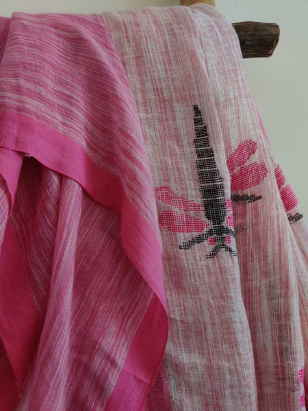 Pink butterfly handwoven pure linen jamdani saree