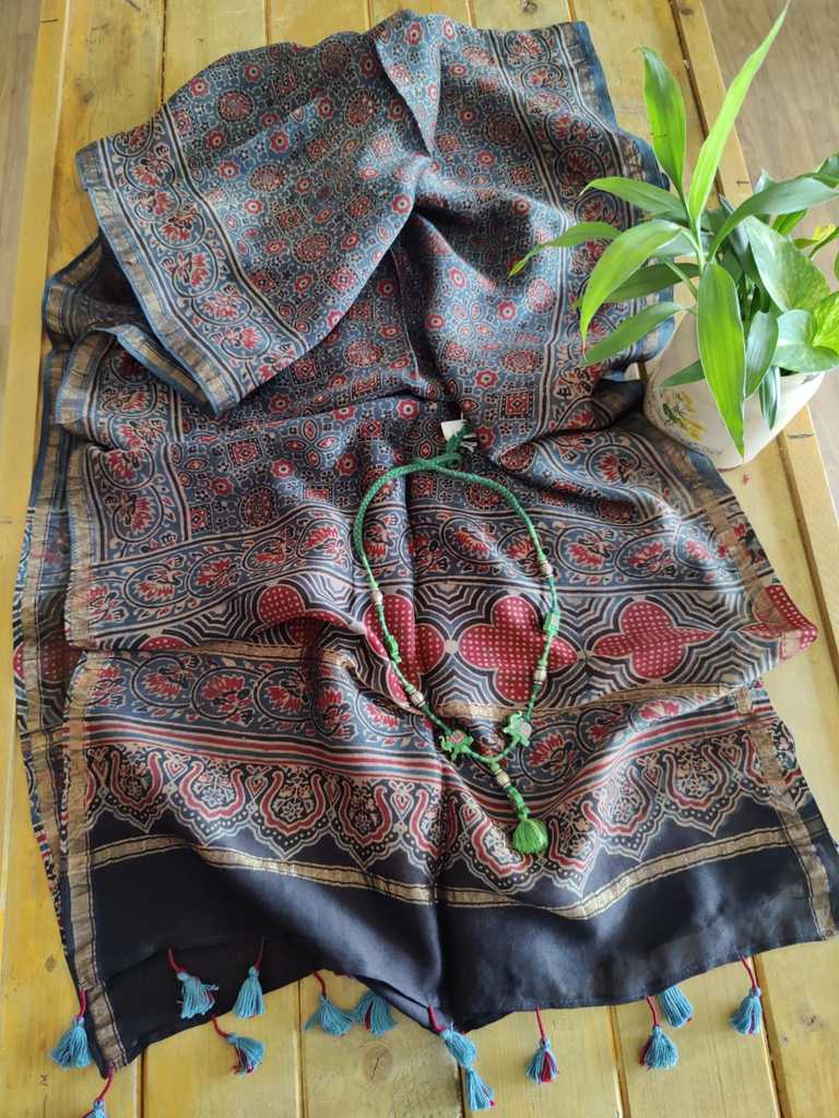 Ajrakh Chanderi Silk Stole - Desi Weaves