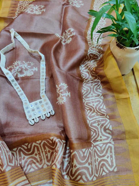 Golden Brown Block Printed Pure Tussar Silk Dupatta
