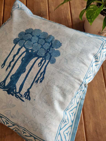Blue Bird Block Printed Cotton Cushion Cover 18x18 Inches