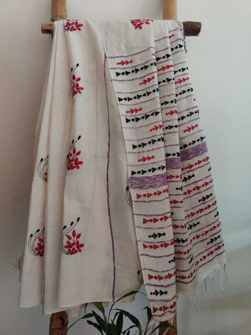 Pearl White Hand Embroidered Khesh Cotton Saree