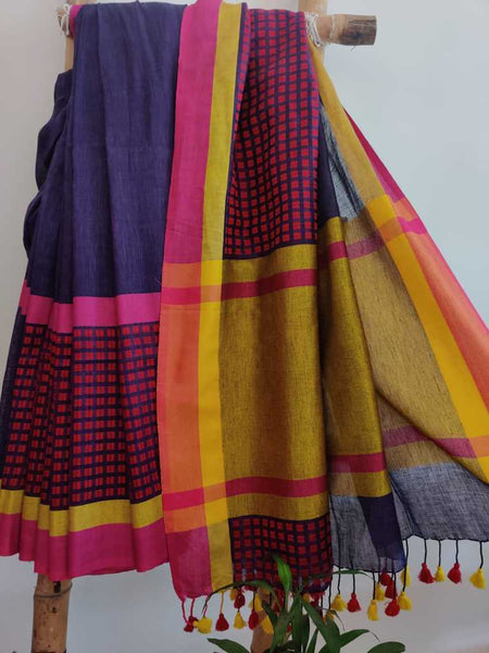 Purple Jacquard  woven pure linen saree