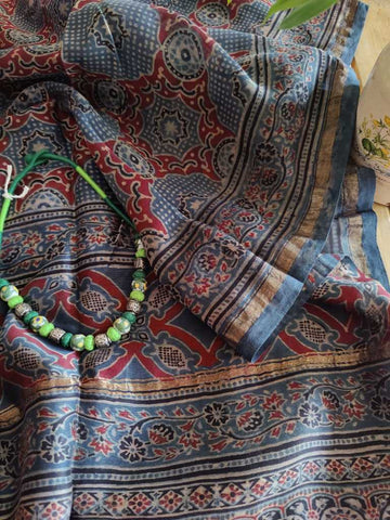 Ajrakh Chanderi Silk Stole - Desi Weaves