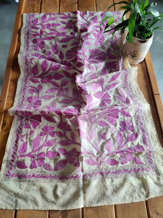 Kantha Stitch Tussar Silk Stole - Desi Weaves