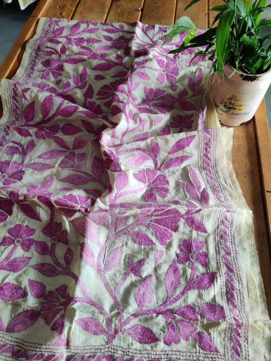Kantha Stitch Tussar Silk Stole - Desi Weaves