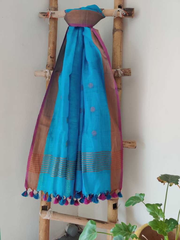 Blue Pure Linen Dupatta Online - Desi Weaves