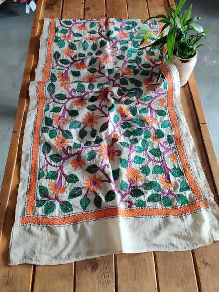 Kantha Stitch Tussar Silk Stole - Desi Weaves