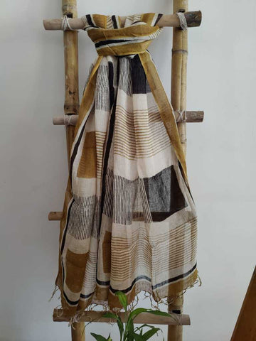 Toffee Brown Handcrafted Block Print Pure Linen  Dupatta