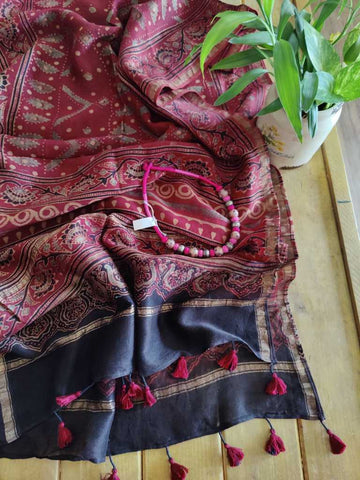 Maroon color ajrakh handblock printed chanderi silk stole