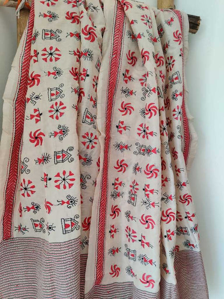 Floral Hand Embroidered Kantha Stitch Tussar Silk Dupatta