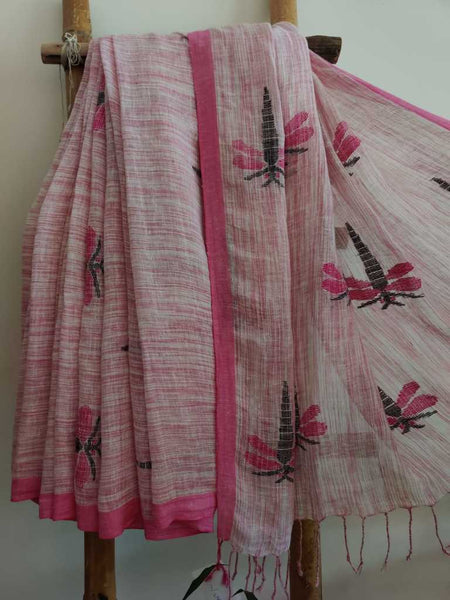 Pink butterfly handwoven pure linen jamdani saree