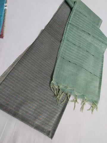 Grey & Sage Green Silk Cotton Saree With Blouse