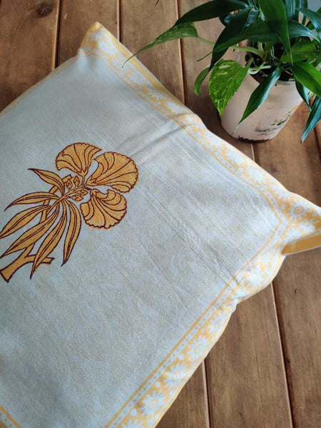 Yellow Hand Block Printed Cotton Cushion Cover 16 x 16