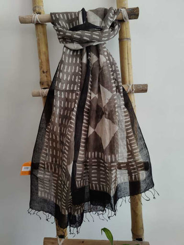 Coffee Time Handcrafted Block Print Pure Linen  Dupatta
